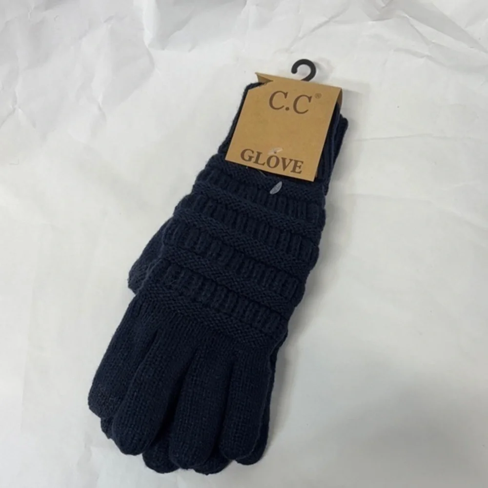 C.C navy Knit smart tips touch screen compatible winter leather palm Gloves